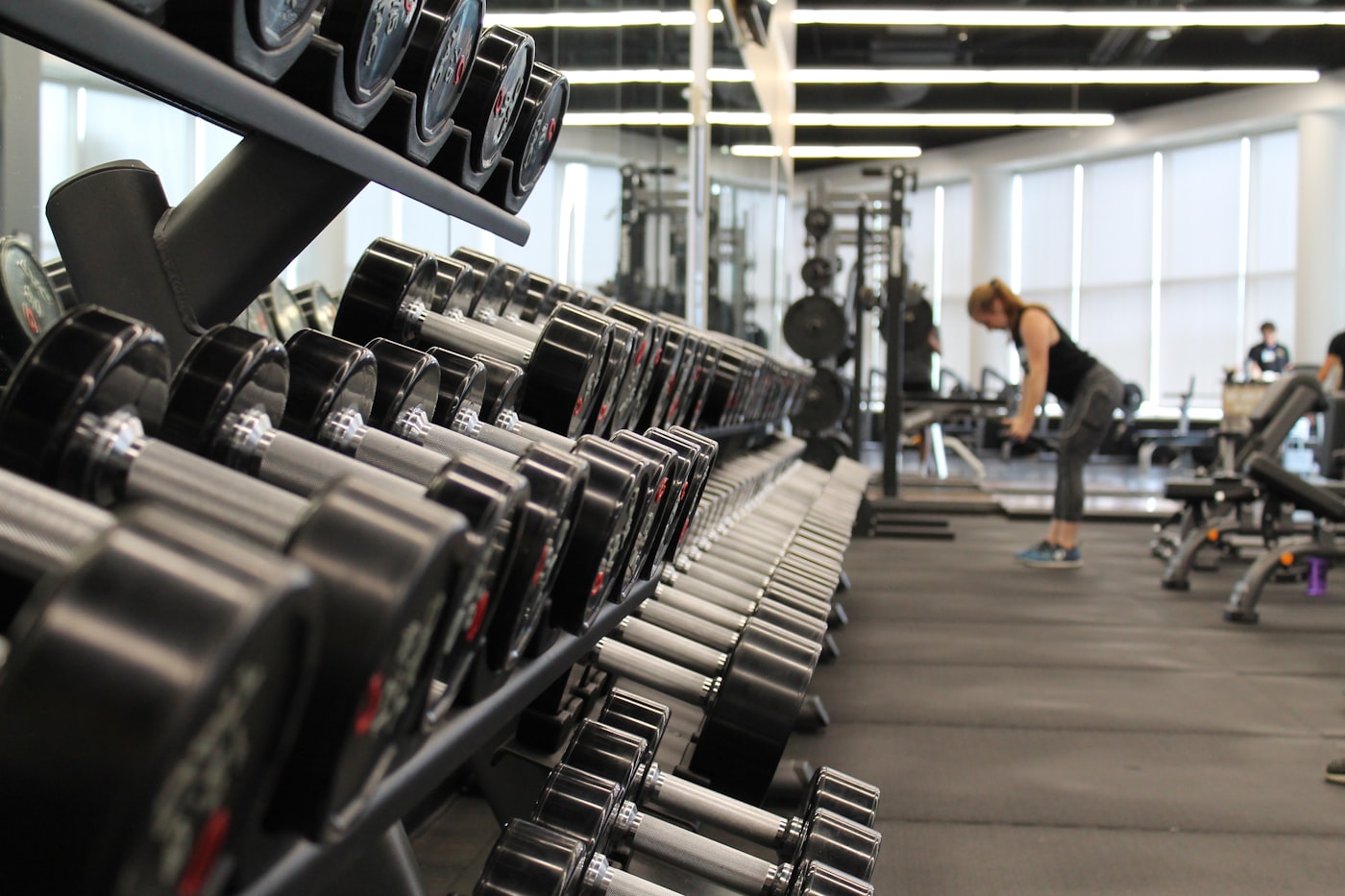 Gym interior with dumbbell rack